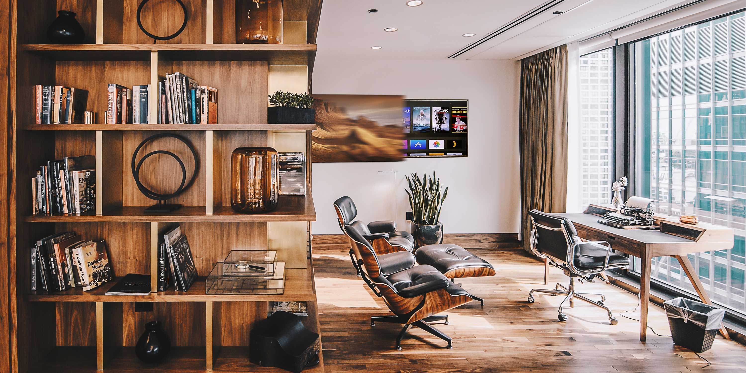 home office with wood grain features and future automation technology